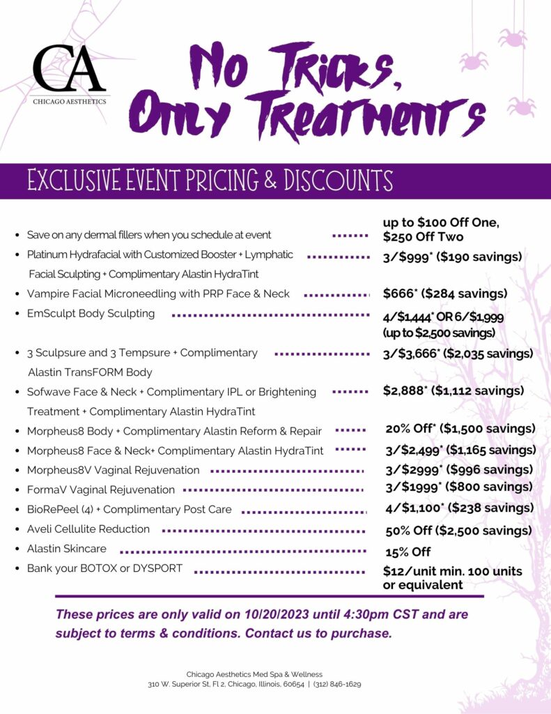 A flyer for a happy hour event featuring only treatments, no tricks!